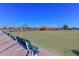 A perfectly manicured lawn bowling green with benches at 10317 W Desert Forest Cir, Sun City, AZ 85351