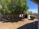 View of the backyard with grass, trees, rock landscaping, and storage shed at 25798 W Miami St, Buckeye, AZ 85326