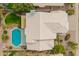 Overhead view of a home with a backyard pool, patio, and well-maintained lawn at 5332 W Linda Ln, Chandler, AZ 85226