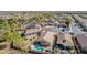 Aerial shot of backyard with a sparkling pool and covered patio perfect for entertaining at 4610 S Hassett Cir, Mesa, AZ 85212
