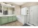 Bathroom features shower, tub, green cabinets, and dual sinks at 4610 S Hassett Cir, Mesa, AZ 85212