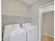 A bright laundry room equipped with a washer, dryer, and a shelving unit for storage at 5303 N 7Th St # 134, Phoenix, AZ 85014