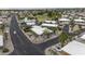 Aerial view of a well-maintained neighborhood featuring lush green golf course, palm trees, and desert landscaping at 8240 E Pueblo Ave, Mesa, AZ 85208