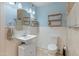 Charming bathroom with a pedestal sink, classic wall paneling, and ample natural light at 8401 N 55Th Ave, Glendale, AZ 85302