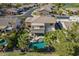 Aerial view of a backyard oasis complete with a sparkling pool, covered patio, lush landscaping, and a privacy fence at 9363 E Mendoza Ave, Mesa, AZ 85209