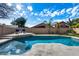 Backyard pool with deckchairs, palm trees, and manicured landscaping at 9631 E Palm Ridge Dr, Scottsdale, AZ 85260