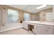 Spacious primary bathroom features white countertops and cabinetry, dual sinks, and soaking tub at 10421 N 100Th St, Scottsdale, AZ 85258