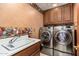 Practical laundry room with stainless steel washer and dryer and built-in cabinets at 10707 E Cottontail Ln, Scottsdale, AZ 85255