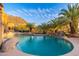 Resort-style pool surrounded by palm trees and desert landscape, perfect for a refreshing dip and enjoying the beautiful scenery at 10707 E Cottontail Ln, Scottsdale, AZ 85255