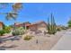 Single-story home with a desert-style front yard, complete with cacti, succulents, and a palm tree at 2416 E Santiago Trl, Casa Grande, AZ 85194