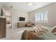 Serene main bedroom with neutral tones, plush carpet, television, and windows with shutter-style blinds at 24275 N 173Rd Ave, Surprise, AZ 85387