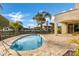 Backyard pool featuring travertine tile, mature landscaping, and views of the community at 2395 W Riverside St, Chandler, AZ 85248
