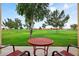 Back patio seating area with a red table overlooking lush golf course and mature trees at 7755 E Laguna Azul Ave # 184, Mesa, AZ 85209