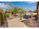 Serene backyard with a patio area, desert landscaping, and mature palm trees at 10796 E Betony Dr, Scottsdale, AZ 85255