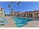 Enjoy the community pool with lounge chairs under the sunny sky and towering palm trees at 12123 W Bell Rd # 218, Surprise, AZ 85378