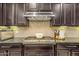 Close-up of the kitchen cooktop with stainless steel range hood and dark wood cabinetry detail at 14906 W Luna N Dr, Litchfield Park, AZ 85340