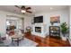 Cozy living room featuring a fireplace, modern decor, hardwood floors, and open access to the dining area at 3514 N 83Rd St, Scottsdale, AZ 85251