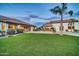 Expansive backyard features manicured lawn, palm trees, and outdoor kitchen, creating an ideal space for gatherings at 10059 W Villa Lindo Dr, Peoria, AZ 85383