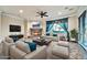 Cozy living room with a stone fireplace, plush seating, and stylish decor creates an inviting atmosphere at 10059 W Villa Lindo Dr, Peoria, AZ 85383