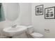 Small bathroom features a pedestal sink and modern decor with framed art at 17642 W Sanna St, Waddell, AZ 85355