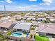 An aerial view of a home with a backyard pool, outdoor seating, and desert landscaping in a residential neighborhood at 22372 E Duncan St, Queen Creek, AZ 85142