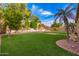 This backyard features artificial grass, mature trees, decorative rock, brick accents, and a staircase at 25425 N 64Th Ave, Phoenix, AZ 85083