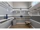 Walk in closet featuring adjustable shelving, grey walls with white stripes and wood look floors at 6790 S Springs Pl, Chandler, AZ 85249