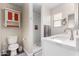 Bright bathroom featuring white cabinetry, walk-in shower, and neutral decor at 3423 E Crescent Way, Gilbert, AZ 85298