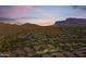 An aerial view shows many homes surrounded by desert vegetation with mountains looming at dusk at 4413 S Tigre Del Mar Dr, Gold Canyon, AZ 85118