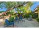 Secluded backyard patio with lush greenery, mature trees, and a seating area with chairs at 6701 N Scottsdale Rd # 15, Scottsdale, AZ 85250