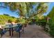 Private backyard with manicured landscaping, an outdoor dining area, and mature trees providing shade at 6701 N Scottsdale Rd # 15, Scottsdale, AZ 85250