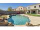 Backyard pool with desert landscaping, artificial grass, and block fence at 1677 E Heather Dr, San Tan Valley, AZ 85140