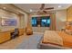 Cozy bedroom with wooden floor, a desk, a bed, and a chair. The room offers a view of the pool and desert at 30556 N Sage Dr, Peoria, AZ 85383