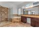 Bathroom featuring a shower, tub, tile floors, granite countertops, and window shutters at 2068 S Sailors Ct, Gilbert, AZ 85295