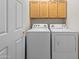 Functional laundry room with washer, dryer, and storage cabinets at 8377 S Mountain Air Ln, Gold Canyon, AZ 85118