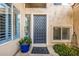 Welcoming front entrance with decorative door, sidelight windows, and potted plants at 15027 N 61St Pl, Scottsdale, AZ 85254