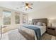 Bright bedroom with a ceiling fan, three windows, a comfy bed, and neutral decor at 28990 N White Feather E Ln # 182, Scottsdale, AZ 85262