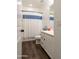 Well-lit bathroom featuring a sink vanity, wood-look tile and a shower with patterned curtain at 4381 E Rawhide St, Gilbert, AZ 85296