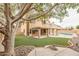 Expansive backyard featuring lush green turf, a covered patio, and a sparkling pool at 13383 N 101St Way, Scottsdale, AZ 85260