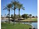 Scenic golf course view featuring a tranquil pond with palm trees and lush green landscaping on a sunny day at 18668 N Lariat Ct, Surprise, AZ 85387