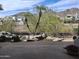 Serene backyard with a rock feature, lush landscaping, palm trees, and mountain views at 3120 E Squaw Peak Cir, Phoenix, AZ 85016