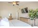 Sunlit main bedroom featuring a vanity, dresser, ceiling fan, and a decorative tree at 486 E Devon Dr, Gilbert, AZ 85296