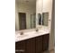 A bathroom featuring double sinks, dark cabinetry, and a walk-in shower with a glass door at 36217 N Urika Dr, San Tan Valley, AZ 85140