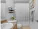 Bright bathroom features vanity, sink, mirror, and shower with curtain at 21816 E Puesta Del Sol --, Queen Creek, AZ 85142