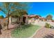 Landscaped front yard featuring decorative rock, synthetic grass, and mature desert trees at 694 E Heather Dr, San Tan Valley, AZ 85140