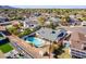 Home aerial showcasing the private backyard pool, patio, and surrounding residential area at 8613 E Citrus Way, Scottsdale, AZ 85250