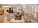 Cozy living area with terracotta floors, modern seating, and an open layout connecting to the kitchen at 15602 N 56Th Pl, Scottsdale, AZ 85254