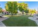 View of the lush green common area with mature trees and picnic tables at 19820 N 13Th Ave # 169, Phoenix, AZ 85027