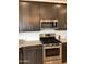 Close-up of the kitchen featuring stainless steel appliances and dark wood cabinetry at 9804 E Red Giant Dr, Mesa, AZ 85212