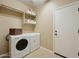 Bright laundry room with modern washer and dryer with access door to the home's exterior at 12915 W Lone Tree Trl, Peoria, AZ 85383